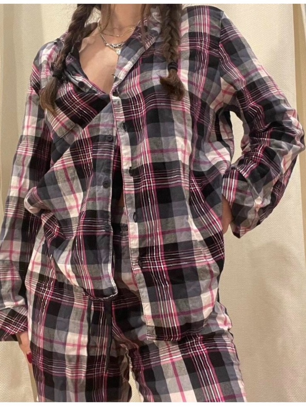 5086 Victorias Secret Pajamas 2 Pc Set Pink, Black & Gray Plaid Print XL